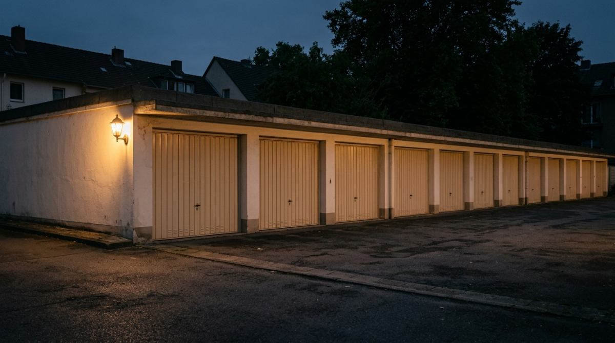 Garagenhof mit abschließbaren Einzelgaragen am Abend