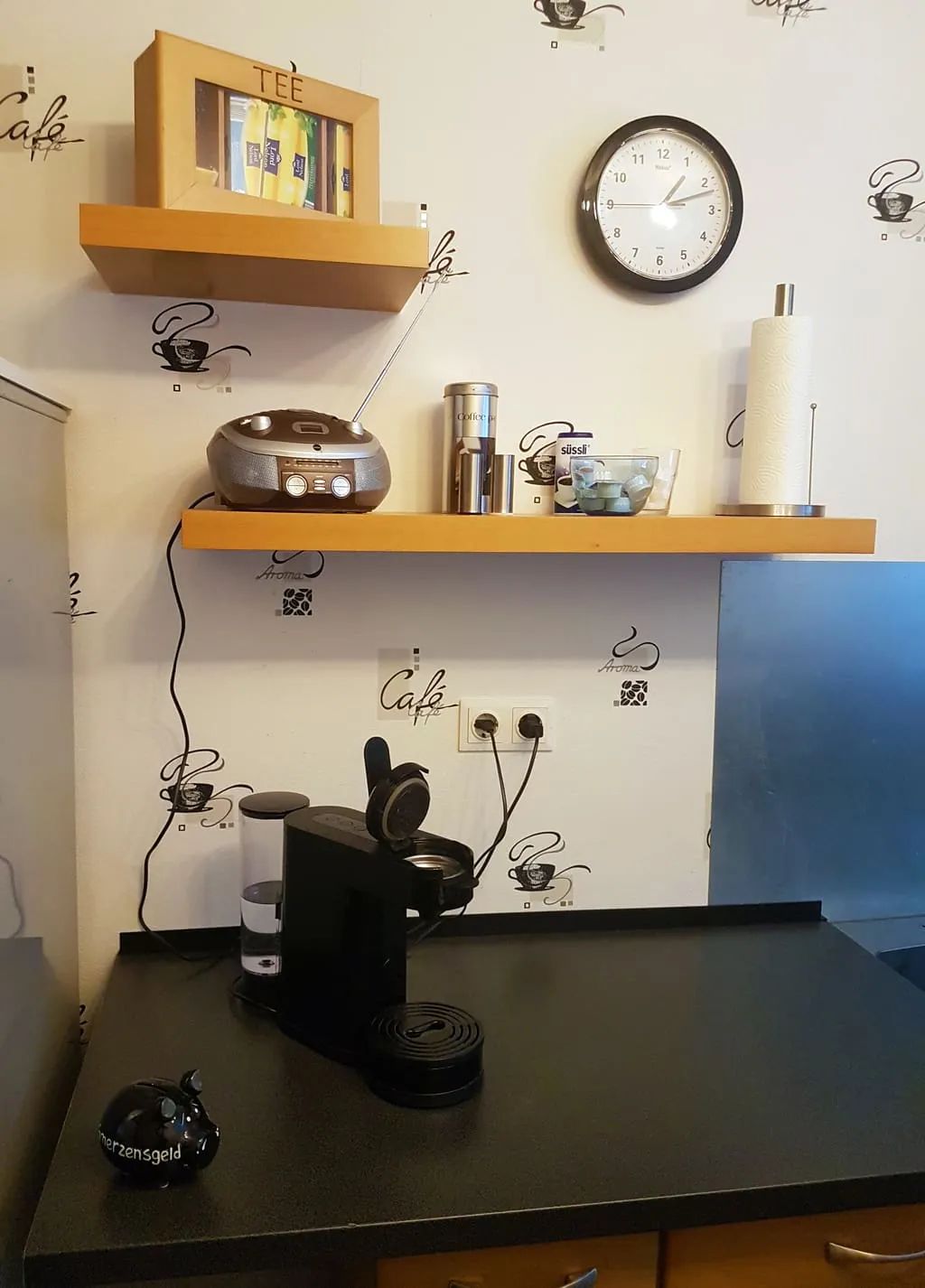 Kitchen counter with a coffee machine